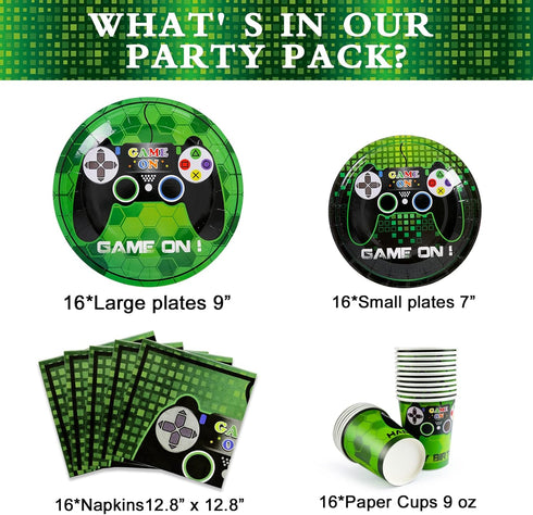 WERNNSAI Video Game Party Tableware Set - Gaming Party Supplies for Boys Birthday Disposable Paper Luncheon Dinner Dessert Plates Cups and Napkins Party Favors Serves 16 Guests 64 PCS