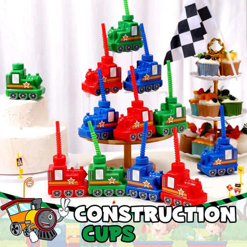 12 Sets 10 oz Tanlade Train Cups for Kids Bulk Plastic Traffic Vehicle Shape Cup with Straw Train Birthday Party