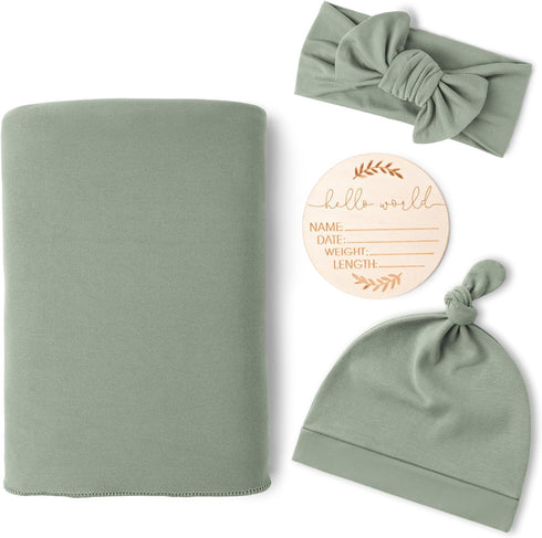 Konssy Baby Girl Newborn Receiving Blanket with Matching Headband and Beanie Set, Light Green Swaddle Wrap