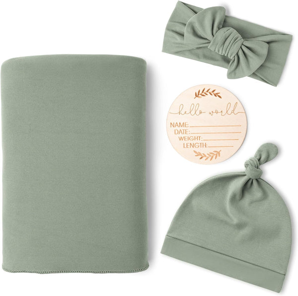 Konssy Baby Girl Newborn Receiving Blanket with Matching Headband and Beanie Set, Light Green Swaddle Wrap