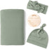 Konssy Baby Girl Newborn Receiving Blanket with Matching Headband and Beanie Set, Light Green Swaddle Wrap