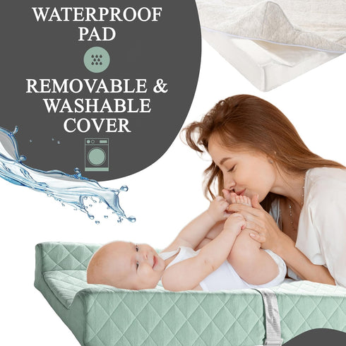 Organic Cotton Contoured Baby Changing Pad with Waterproof Foam Mattress, Soft Removable Cover, Safety Strap