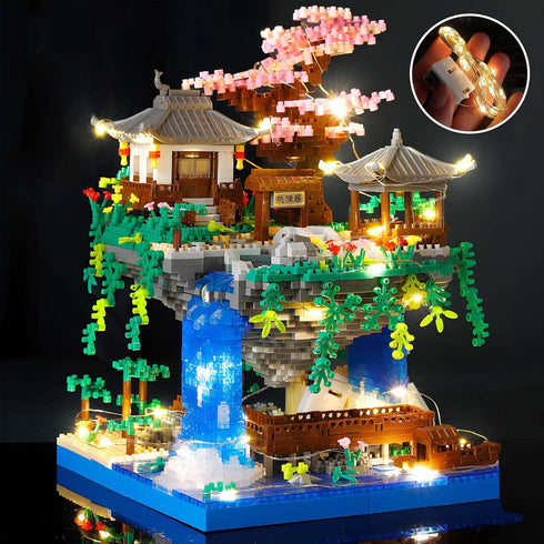 Set 14+,(2705 Light-Up Peach Blossom Pond Micro Mini Bricks Kit, Chinese Architecture Cherry Bonsai Tree Building