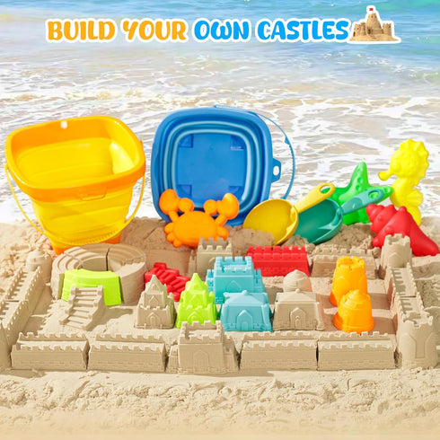 Set 19PCS LovesTown Collapsible Beach Toys for Kids, Collapsible Sand Bucket and Shovels with Mesh Bag & Sand Molds
