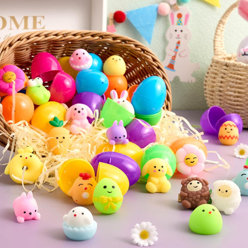 24 JOYIN Pcs Easter Prefilled Eggs with Mochi Squishy Toys, Cute Stress Reliever Squishy Toy for Kids Party Favor