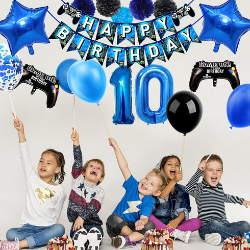 53 PCS 10th Birthday Decorations for Boys - Blue Video Game Party Supplies, Include Happy Birthday Banner, Number 10