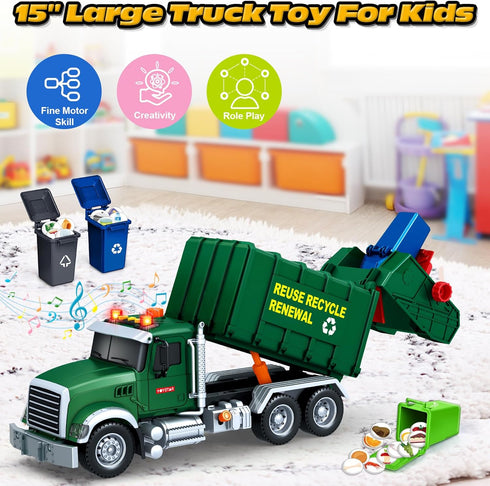 3 4 5 6 7 8 15" 3 Kids Toys for Years Old Boys, Large Garbage Truck Toy, Friction Powered Garbage Recycling Truck