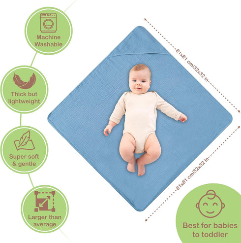 100% 32x32 Inch 2 Pack Organic Cotton Muslin Baby Hooded Towels Soft & Absorbent Baby Towels with Hood for Boys
