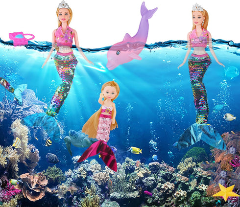 BYCICI Set 4-7 Summer Magical Mermaid Dolls for Girls - Princess Twin Dolls with Color-Changing Purple Dolphin, Outfits