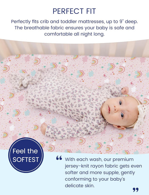 9'' Pocket-2 Pack TotAha Pink Rainbow Crib Sheets Girl - Hypoallergenic, Silky Comfort, Buttery Soft, Calming Effect