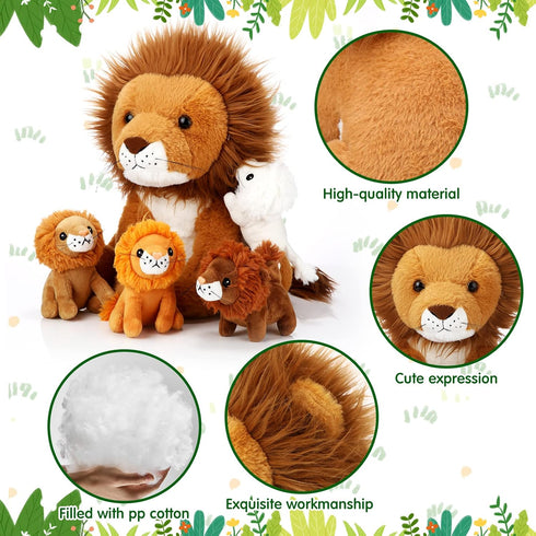 Honoson 5 Pcs Large Lion Plush Set with 4 Cute Baby Lions in Zippered Back, Soft Cuddly Plushie, 14 Inch