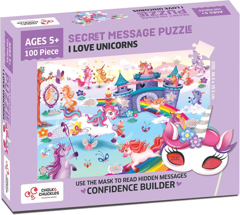 I Love Unicorns 100 Piece Puzzles for Kids Ages 4-8 - Gifts for Girls and Boys, Read Secret Messages with Decoder