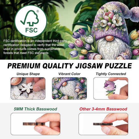 200pcs 10.6'' 9.8'' Gnome Wooden Puzzles for Adults, Wooden Jigsaw Puzzles for Adults, Gnome Flowers Unique Shaped