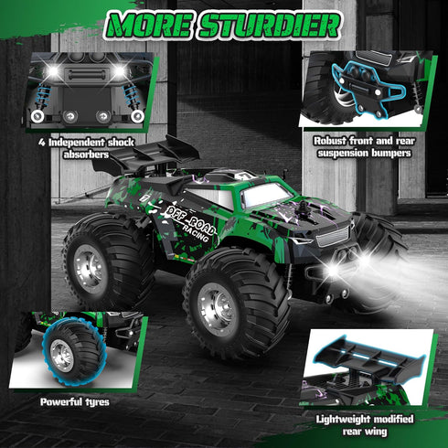 8-12, 1:20, 10KM/H, 2.4GHZ, 6+(Green) Remote Control Car, All-Terrain Remote Control Truck for Boys Headlight, Dual