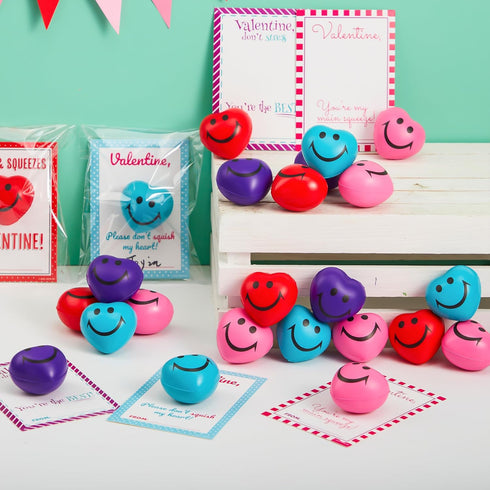 28 Packs JOYIN Heart Shape Stress Ball with Cards Stress Relief Fidget Toy for Valentine Party Favors, Classroom Prize