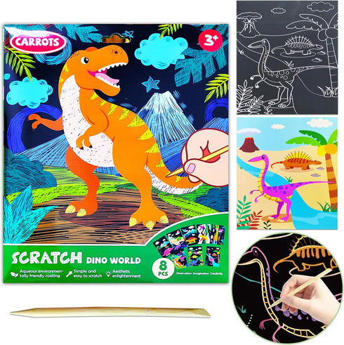 JUNQIU Scratch Art Paper Set for Kids, Dinosaurs Black Rainbow DIY Activity & Party Games, Gifts for Ages 3-8