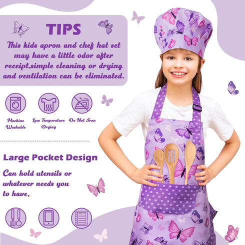 Set 2Pcs 3-6 R HORSE Kid Apron and Chef Hat - Purple Butterfly Toddler Kitchen Apron for Girls, Adjustable Role Play
