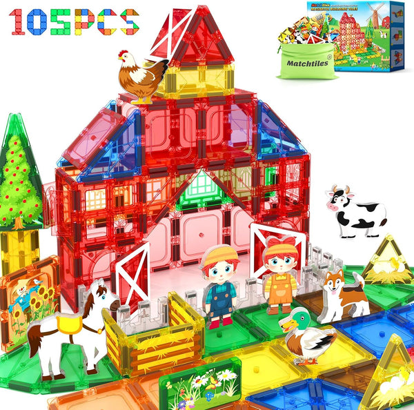 105 PCS Magnetic Tiles with Farm Animals, Magnetic Blocks Building Toys for