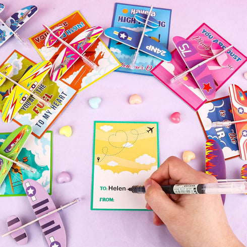 28 Pcs Valentine's Day Gift Card with Foam Airplanes Toys for Kids Boys Girls Valentines Party Favor Classroom Exchange