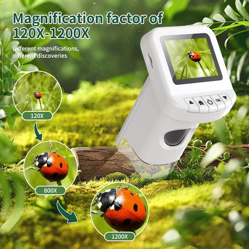 WSDMIC 1200X 2.0" 6-12 Handheld Portable Microscope for Kids Digital Scope Screen Rechargeable STEM Toy Slide Kit