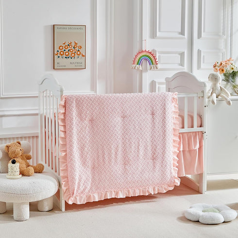 3 Set Flysheep Pieces Tufted Crib Bedding with Ruffle Fringe, Pink Ruffled Comforter with Fitted Sheet and Bed Skirt