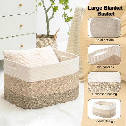 Large Blanket Basket for Living Room, Woven Storage Basket for Toys, Cotton Rope Basket, 22”x17”x12”