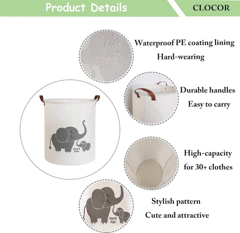 CLOCOR Collapsible Round Storage Bin, Large Storage Basket, Clothes Laundry Hamper, Toy Storage Bin (Love Elephant)
