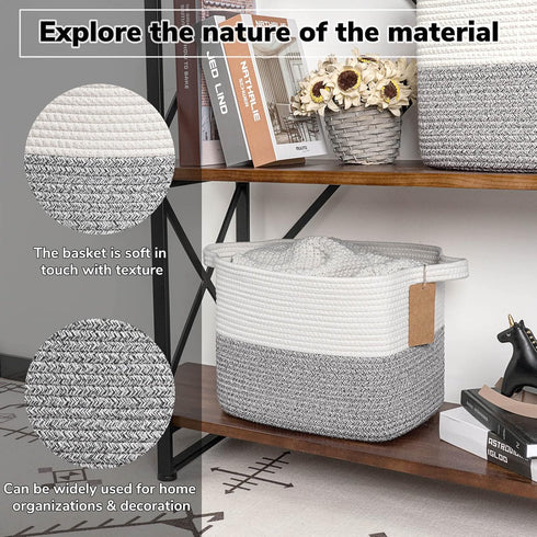 Goodpick Woven Storage Basket for Shelves, Small Laundry Basket with Handles, Grey and White