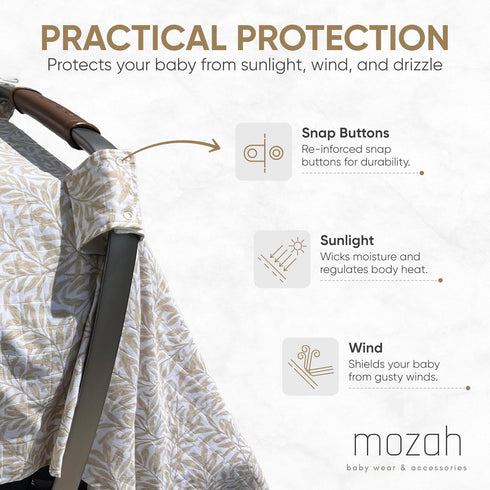 MOZAH 100% Baby Car Seat Cover - Beige Leaves - Organic Muslin - Soft, Breathable and Lightweight, Baby Infant Car Seat