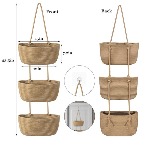3 Closet Tier Wall Mounted Woven Hanging Basket, Over the Door Hanging Basket with Hooks, Decorative Storage Hanging