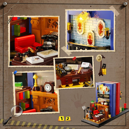 Set 1241 12+ INSOON Detective Bookend Building with Lights, PCS Detective Agency Street House Building Block Kit