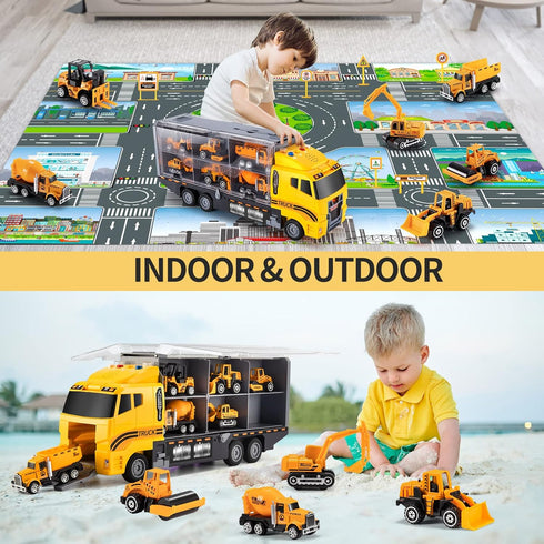 Toddler Construction Toys Car Transport Vehicle with Play Mat, Die-cast Alloy Engineering Gifts for Kids