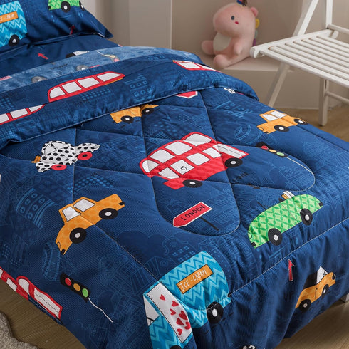 Set 4 Caressma Navy Toddler Bedding Bed-in-a-Bag Pieces, Soft Microfiber Kids Comforter with Cars,Buses & Traffic