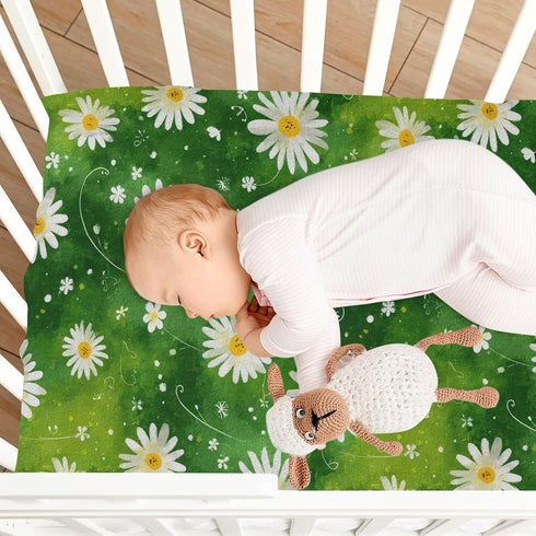 Pigsaly 27x39 Inch Crib Sheets Watercolor White Daisies Green Baby Sheet for Standard Crib Mattress Boys Girls Toddler