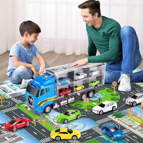 TEMI Transport Cars Carrier Set Toys with Play Mat, Die-cast Vehicles Truck for Kids Age 3-9
