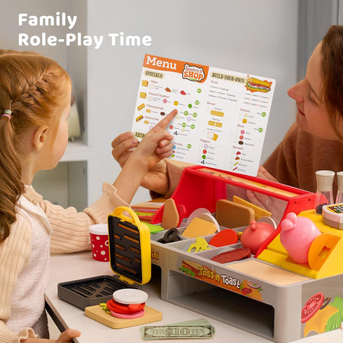 lalalark Playset 40+ 3+ Toss 'n Toast Sandwich Restaurant for Kids, Pieces Pretend Food with Interactive Magic Slicer