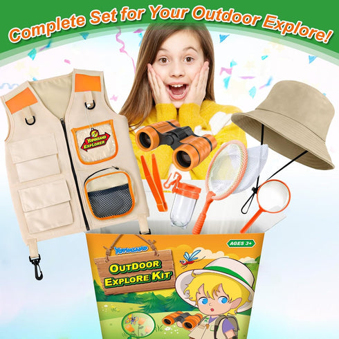 Kids Explore Kit & Bug Catcher Kit, Outdoor Exploration Set with Safari Vest & Hat, Ideal Camping Adventure Toys