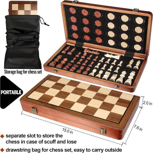 2 1 Set Set in Wooden Chess and Checkers - Folding Magnetic Chess Board with Storage Slots, Chess Pieces, Portable