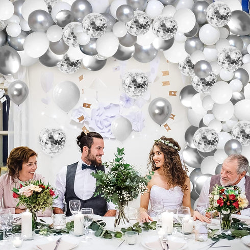 White and Silver Balloons Garland Arch Kit, 5"10 Inch 12" Metallic Confetti Latex Balloons for Party Decor
