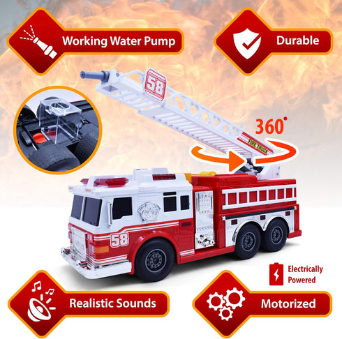 VEBO Fire Truck Motorized with Lights, Siren Sound, Working Water Pump, Rotating Rescue Ladder, Electric Fun Size 15"