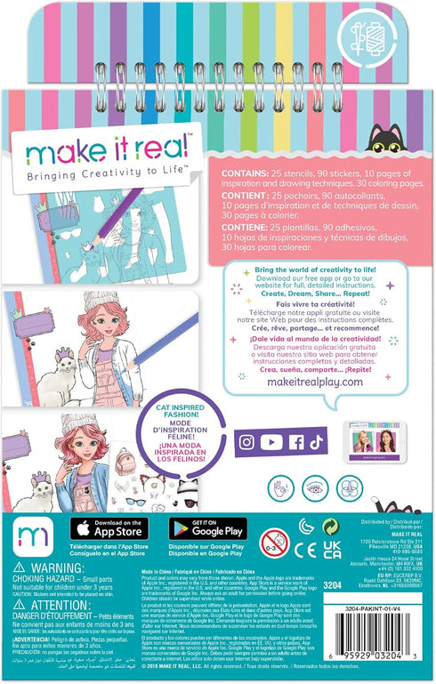 Make It Real Fashion Design Sketchbook for Girls, Kitty Cat-Themed Design Kit with Stencils, Stickers