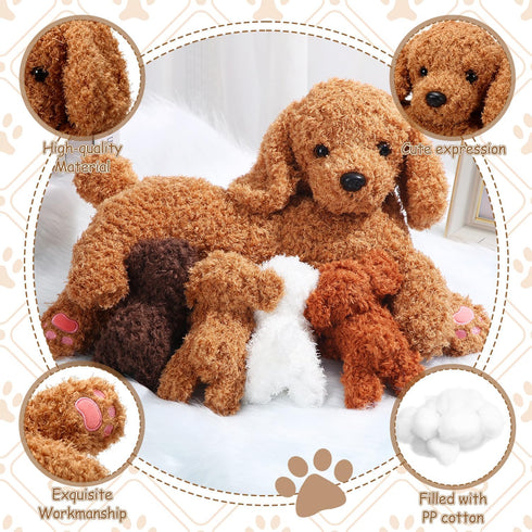 Honoson Nurturing Dog Stuffed Animal with Puppies Set, Nursing Mommy Dog Plush with 4 Baby Puppies, Gifts
