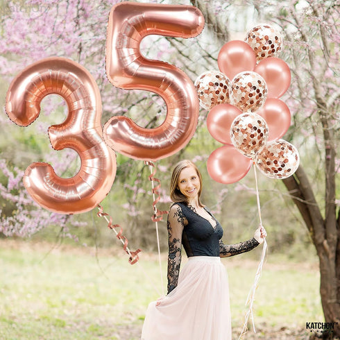 KatchOn Rose Gold 35 Balloon Numbers - 40 Inch Mylar Balloons for 35th Birthday Anniversary Decorations
