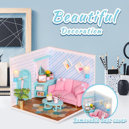 Kisoy Dollhouse Miniature with Furniture Kit - DIY 3D Wooden House Kit, Small Apartment Style with LED, Gift