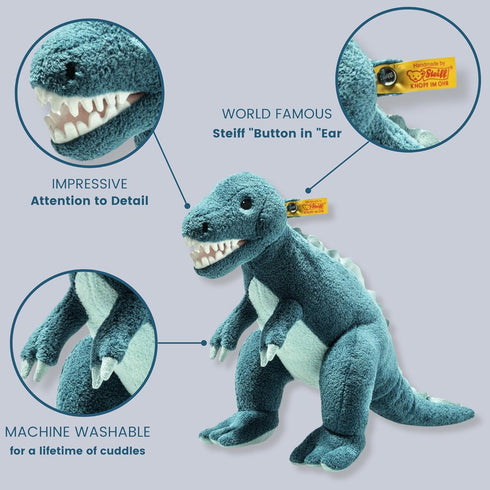 Steiff Thaisen T-Rex Plush - Premium Stuffed Animal, Dinosaur Toys for Kids, Soft Cuddly Friends (Blue, 14")