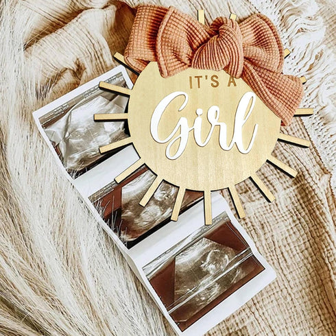 Double Sided Sun Gender Reveal Sign, Boho Sun Baby Boy or Girl Pregnancy Birth Announcement Wooden Sign, It's A Boy
