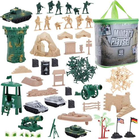 Juvale 100-Piece Army Men Toy Soldiers Playset - Small Plastic Action Figures, Military Battlefield Accessories & Tanks