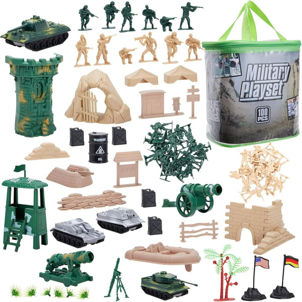 Juvale 100-Piece Army Men Toy Soldiers Playset - Small Plastic Action Figures, Military Battlefield Accessories & Tanks