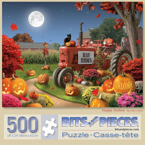 Bits and Pieces 500 Piece Jigsaw Puzzle for Adults - Happy Hollow Halloween Farm Pumpkin Jack-O-Lantern Tractor Cat 18"