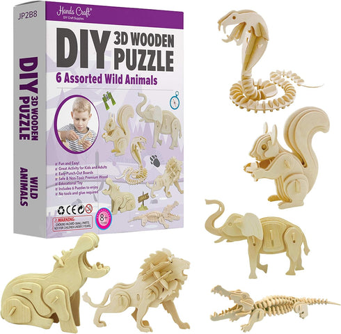 Hands Craft DIY 3D Wooden Puzzle Bundle Pack Set, 6 Assorted Wild Animals, Educational STEM Toy for Adults and Kids